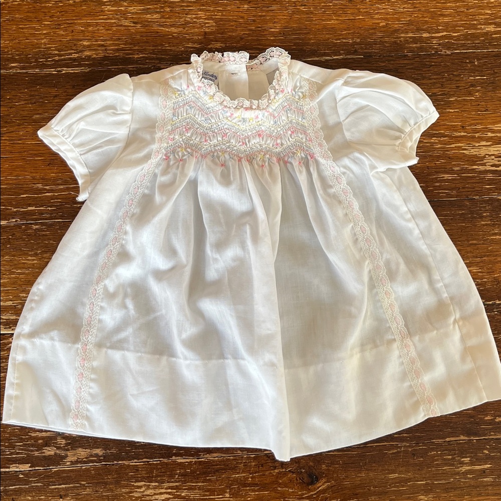 White Polly Flinders Baby Blouse with Pink Smocking and Puff Sleeves